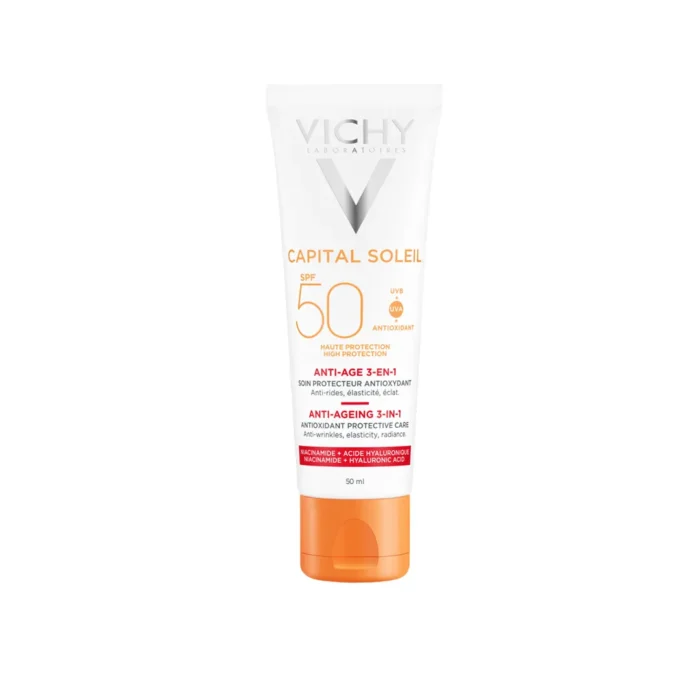 کرم ضد آفتاب بی رنگ ضد چروک ویشی CAPITAL SOLEIL SPF50 3-EN-1 ANTI-AGING حجم 50 میلی لیتری